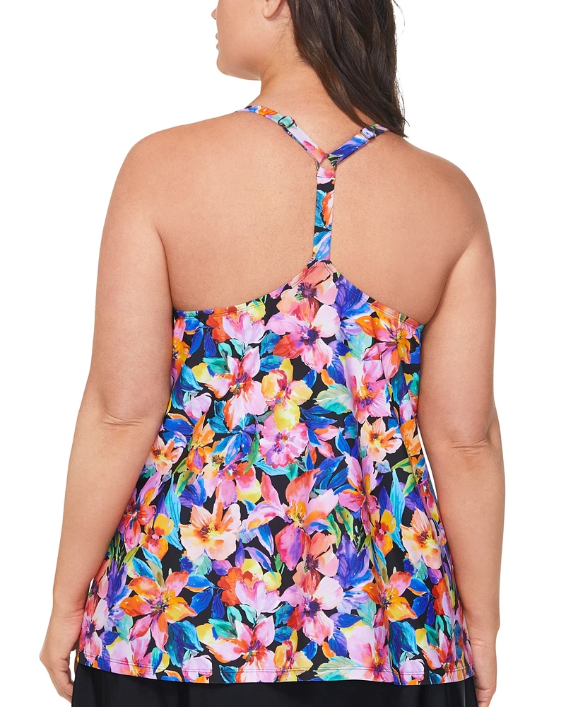 Island Escape Plus Floral-Print Racerback Tankini Top, Created for Macy's