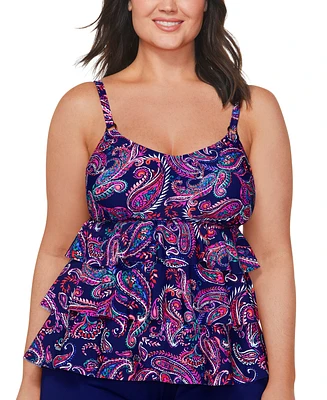 Island Escape Plus Size Paisley-Print Tiered Tankini Top, Created for Macy's