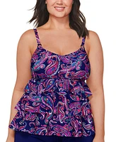 Island Escape Plus Size Paisley-Print Tiered Tankini Top, Created for Macy's