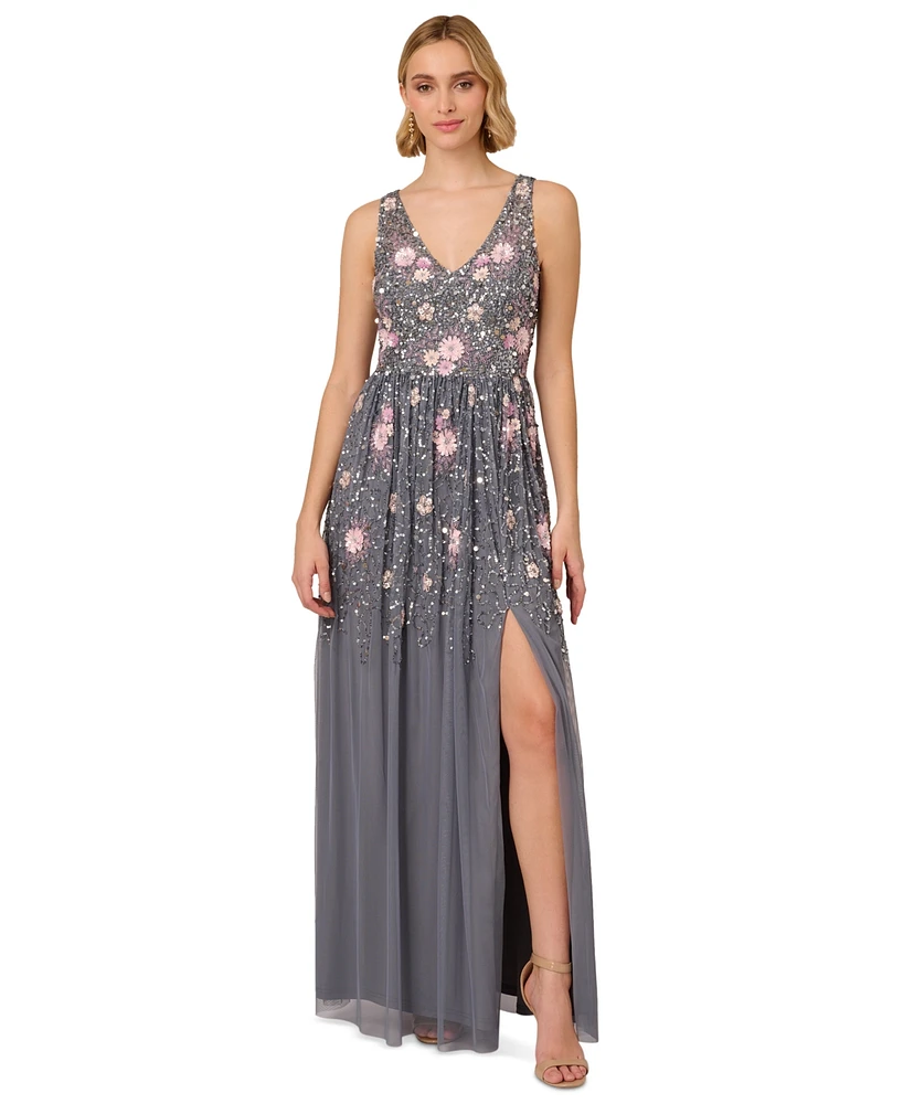 Adrianna Papell Women's Floral Embellished V-Neck Gown