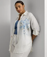 Lauren Ralph Plus Linen Floral Roll-Tab Shirt