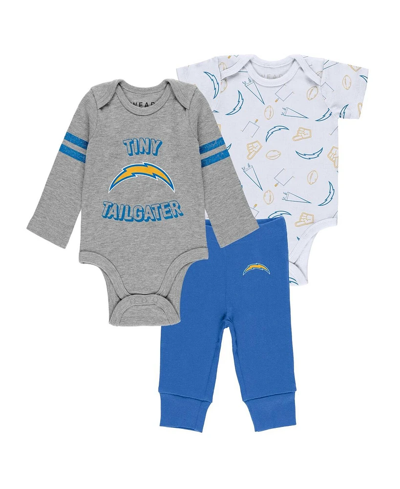 Baby Boys and Girls Wear by Erin Andrews Gray, Powder Blue, White Los Angeles Chargers Three-Piece Turn Me Around Bodysuits and Pant Set