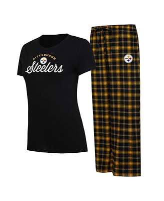 Women's Concepts Sport Black Pittsburgh Steelers Plus Badge T-shirt and Flannel Pants Sleep Set