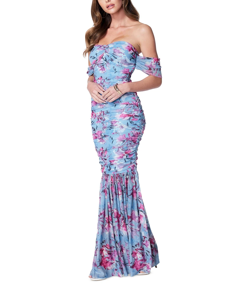 Bebe Women's Floral-Print Ruched Off-The-Shoulder Gown