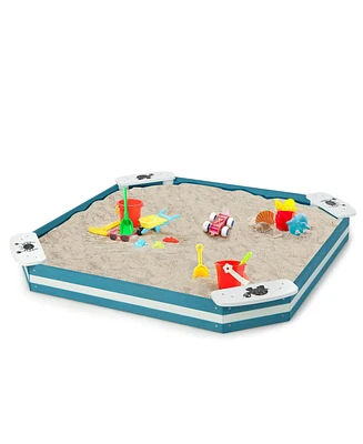 Sugift Outdoor Solid Wood Sandbox with 4 Built-in Animal Patterns Seats