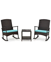 Costway 3 Piece Patio Rocking Set Wicker Rocking Chairs with 2-Tier Coffee Table