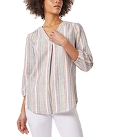 Jones New York Women's Striped Pleat-Front V-Neck 3/4-Sleeve Top