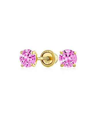 Minimalist Tiny Cubic Zirconia Pink Simulated Pink Topaz Cz Round Solitaire Stud Earrings Real 14K Yellow Gold Screw Back 3MM