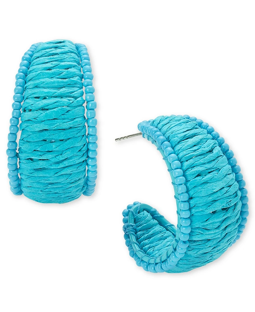 On 34th Silver-Tone Medium Color Seed Bead & Raffia C-Hoop Earrings, 1.25", Created for Macy's