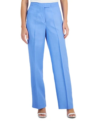 Anne Klein Petite Linen High-Rise Fly-Front Wide-Leg Trousers