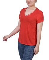 Ny Collection Women's Short Sleeve Top with Stone Details