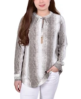 Ny Collection Women's Long Sleeve Mandarin Collar Blouse with Tassel Ties