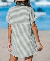 Women's Striped Collared Button-Up Mini Cover-Up