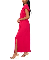 Msk Women's V-Neck Flutter-Sleeve Belted Maxi Dress