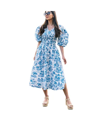 Jessie Zhao New York Leandra Blue Smocked V-Neck Midi Dress
