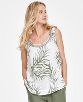 Charter Club Women's 100% Linen Printed Embellished Sleeveless Top, Created for Macy's