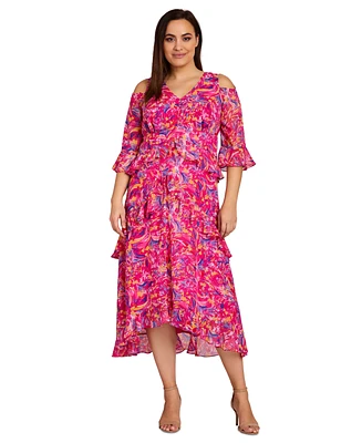 Tahari Plus Printed Cold-Shoulder Tiered Ruffled Maxi Dress