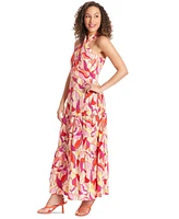 London Times Petite Twist-Front Halter Maxi Dress