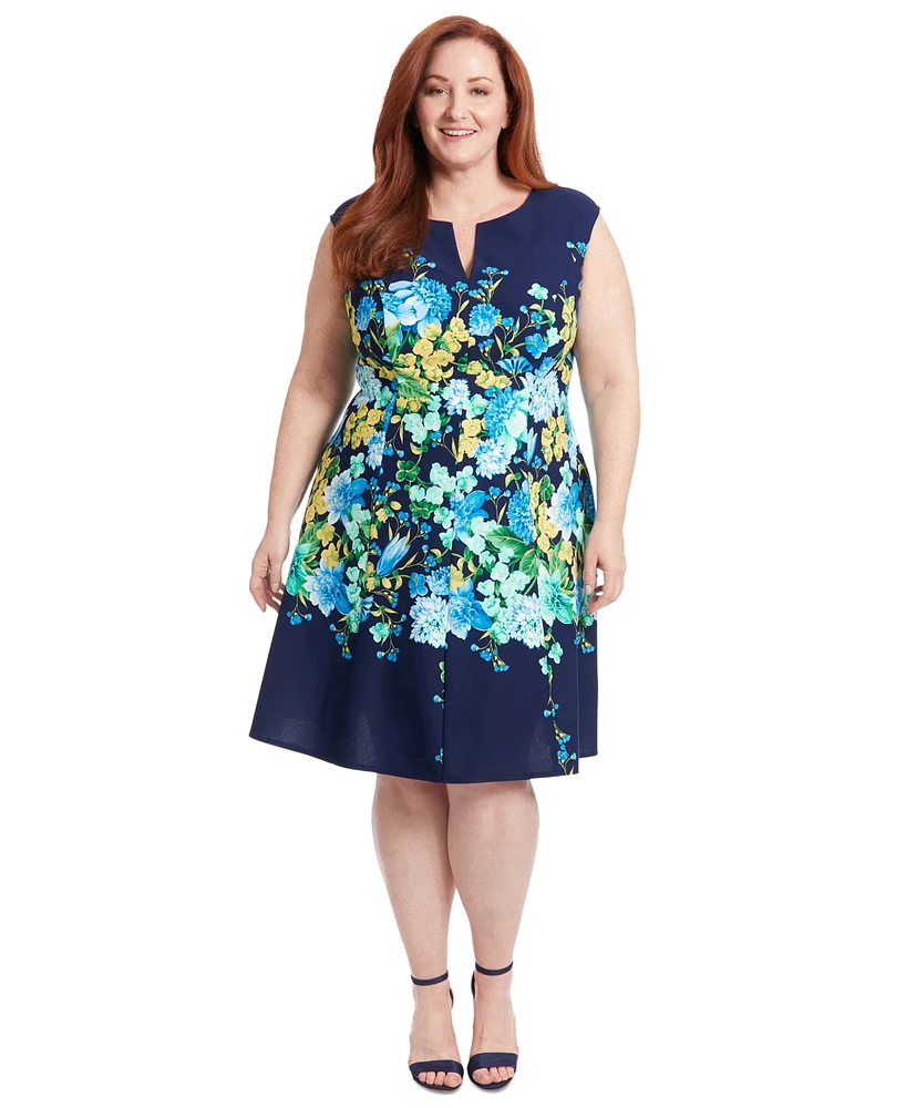 London Times Plus Split-Neck Floral-Print Fit & Flare Dress