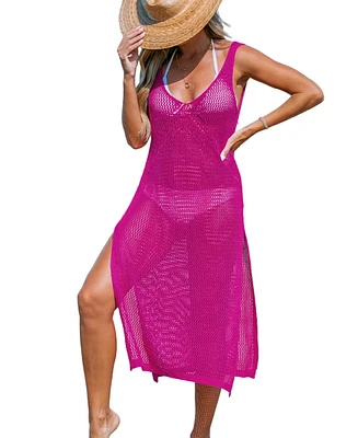 Women's Hot Pink Sleeveless Crochet Cover-Up Dress