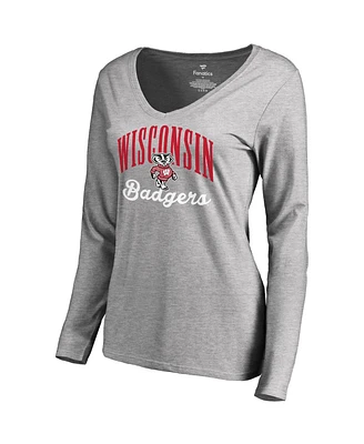 Women's Fanatics Ash Wisconsin Badgers Victory Script Long Sleeve T-shirt