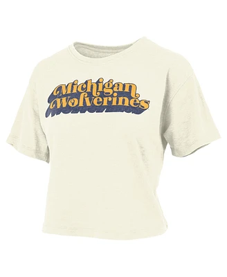 Women's Pressbox White Michigan Wolverines Vintage-Like Easy Team Name Waist-Length T-shirt