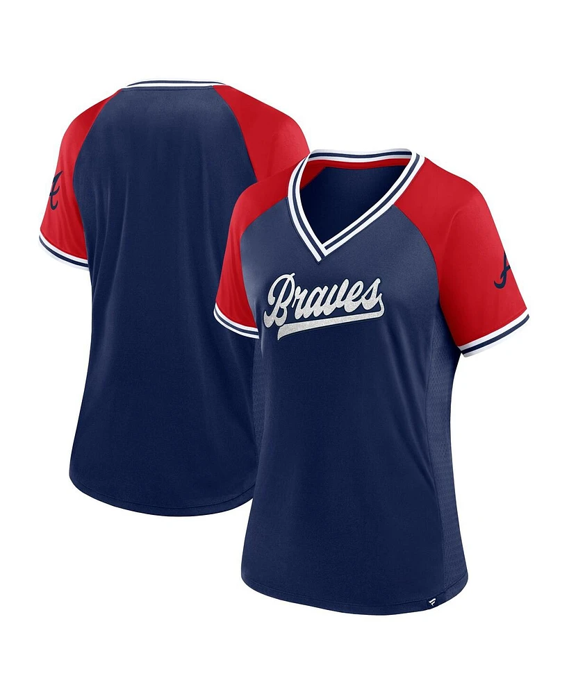 Women's Fanatics Navy Atlanta Braves Glitz and Glam League Diva Raglan V-Neck T-shirt