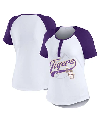 Women's Wear by Erin Andrews White Distressed Lsu Tigers Baseball Logo Raglan Henley T-shirt