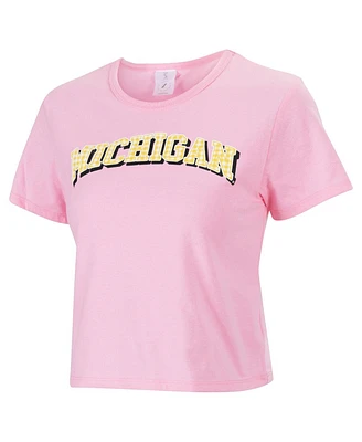 Women's ZooZatz Pink Michigan Wolverines Gingham Logo Cropped T-shirt