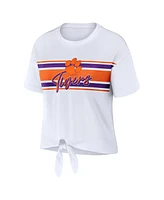 Women's Wear by Erin Andrews White Clemson Tigers Striped Front Knot Cropped T-shirt