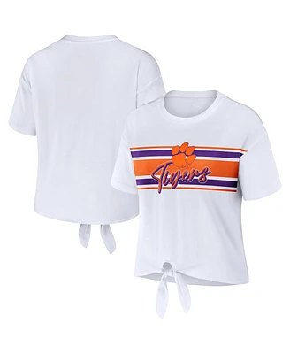 Women's Wear by Erin Andrews White Clemson Tigers Striped Front Knot Cropped T-shirt