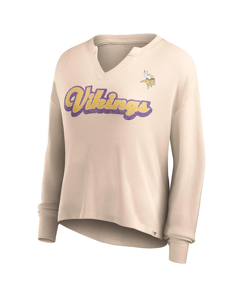 Women's Fanatics Tan Distressed Minnesota Vikings Go For It Notch Neck Waffle Knit Lightweight Long Sleeve T-shirt
