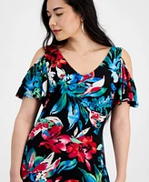 Connected Petite Floral Cold-Shoulder Maxi Dress