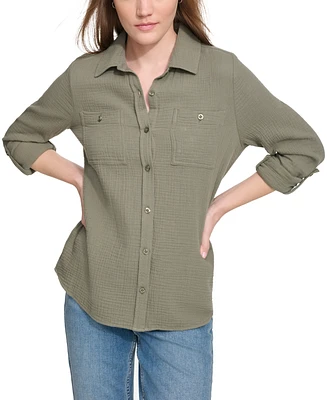 Calvin Klein Jeans Petite Cotton Button-Front Roll-Sleeve Shirt