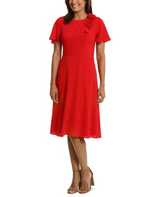 London Times Women's Rosette Flutter-Sleeve Midi Dress