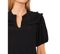 CeCe Women's Solid Ruffled Yoke Split Neck Knit Top