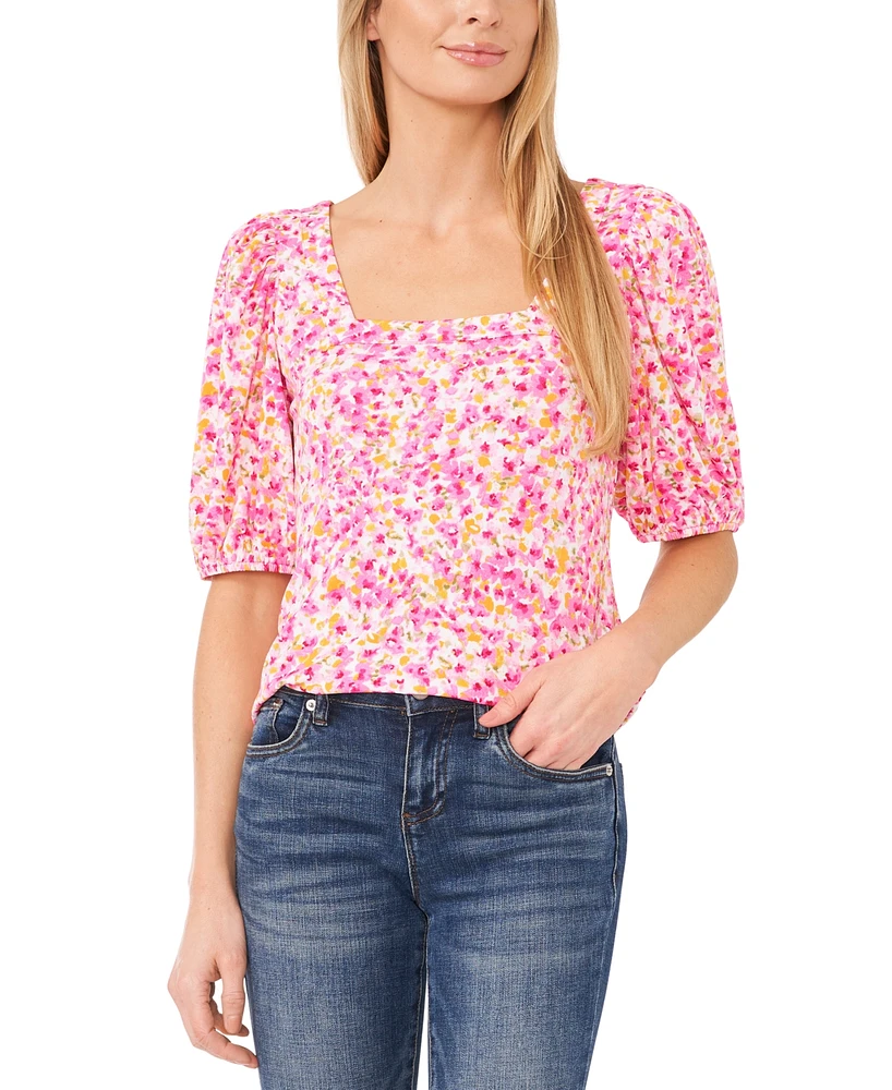 CeCe Women's Floral Print Square Neck Puff Sleeve Knit Top