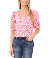 CeCe Women's Floral Print Square Neck Puff Sleeve Knit Top