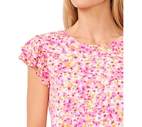 CeCe Women's Floral Print Double Ruffled Sleeve Knit Top