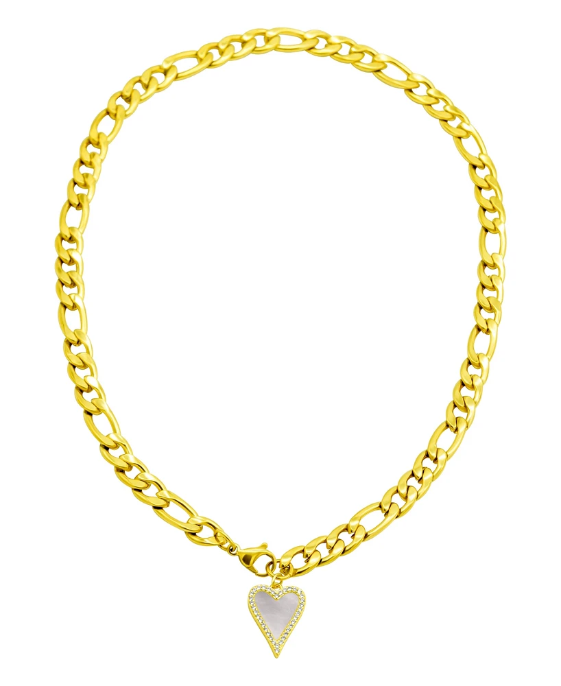 Adornia Tarnish Resistant 14K Gold-Plated Figaro Chain with Crystal Halo Mother-of-Pearl Heart