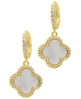 Adornia 14K Gold-Plated Crystal Halo White Mother-of-Pearl Clover Dangle Huggie Earrings