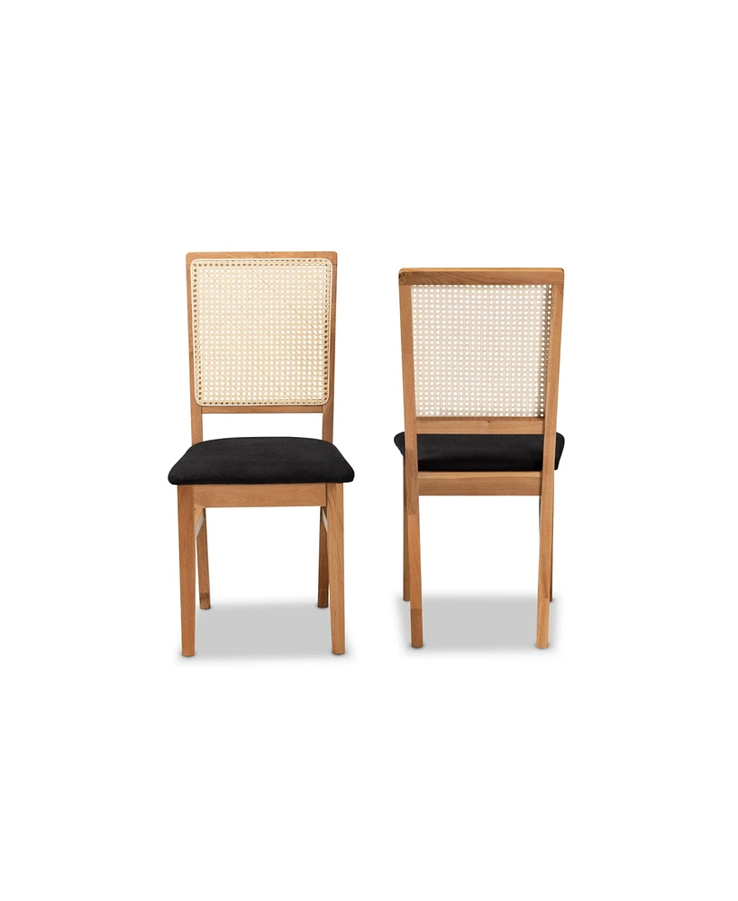 Baxton Studio Idris Mid-Century Modern Fabric Upholstered and Oak Finished 2-Piece Rattan Dining Chair Set