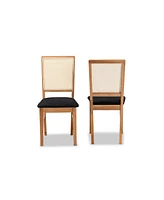 Baxton Studio Idris Mid-Century Modern Fabric Upholstered and Oak Finished 2-Piece Rattan Dining Chair Set