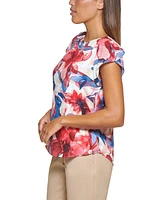 Dkny Petite Floral-Print Flutter-Sleeve Blouse