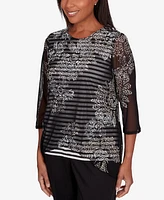 Alfred Dunner Petite Opposites Attract Floral Mesh Stripe Top