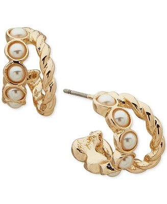 Anne Klein Gold-Tone Small Imitation Pearl Double-Row C-Hoop Earrings, 0.56"