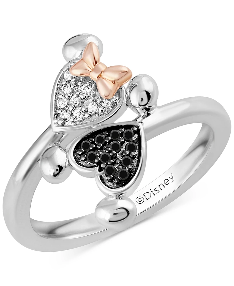 Wonder Fine Jewelry Black & White Diamond Minnie & Mickey Mouse Bypass Ring (1/5 ct. t.w.) in Sterling Silver & Rose Gold-Plate
