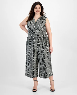 Connected Plus Printed Surplice Sleeveless Cropped Jumpsuit