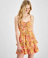 City Studios Juniors' Floral-Print Lace-Up Fit & Flare Dress