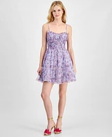 City Studios Juniors' Printed Bustier Fit & Flare Tulle Dress